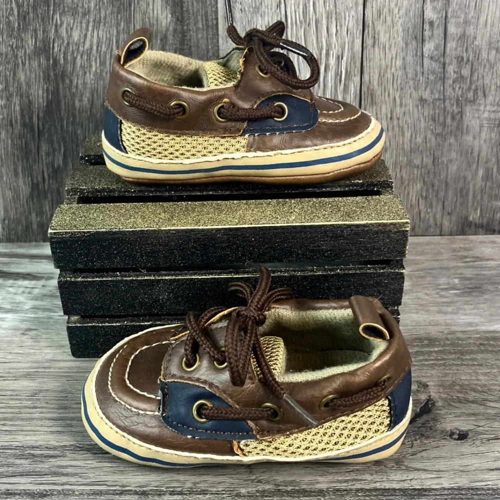 Koala Baby Infant Size 2 Brown Blue Soft Sole Nautical Boat Shoes Crib Shoes